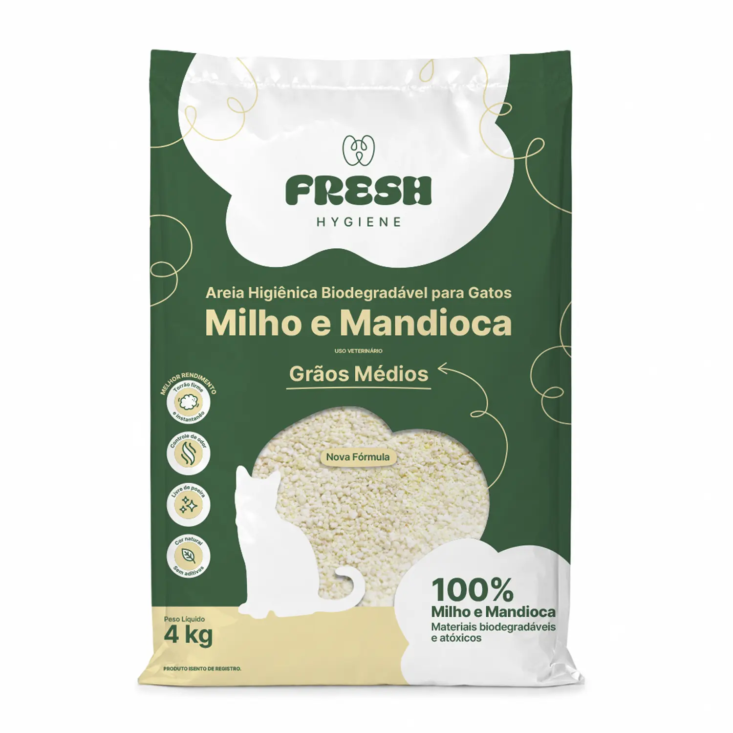 Areia Higiênica Biodegradável Fresh para Gatos Milho e Mandioca Grãos Médios